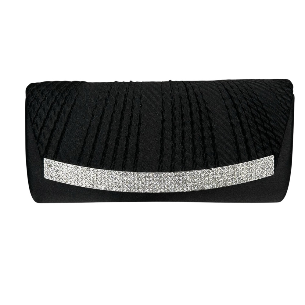 Black Satin Pleated Clutch Bag With Rhinestone Detail